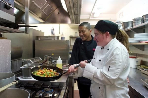 Winner of the Cromwell Polytechnic Scholarship ain Action with mentor chef Ricky Isnanto from Crowne Plaza.